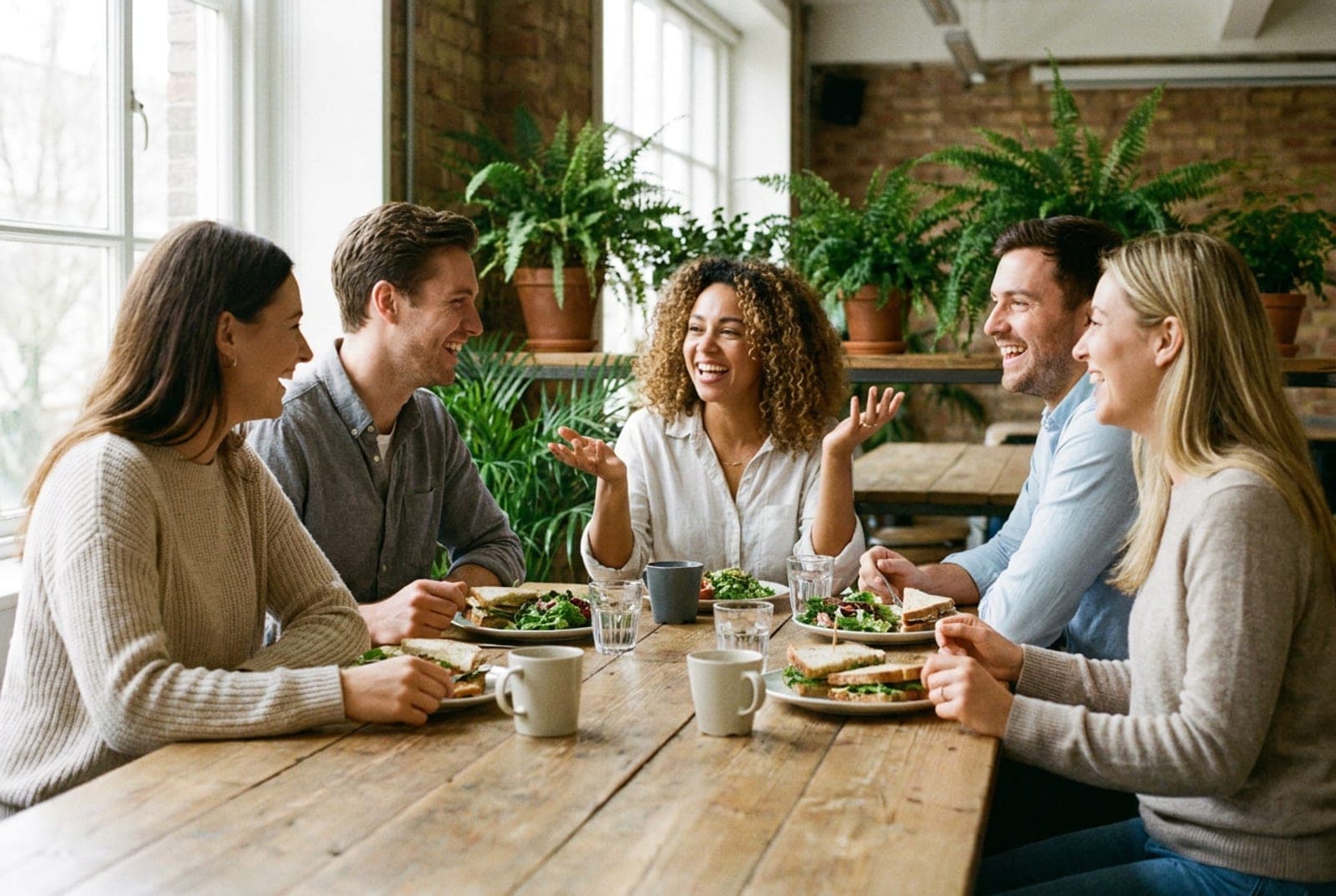 Collega's lachen samen aan een lange tafel