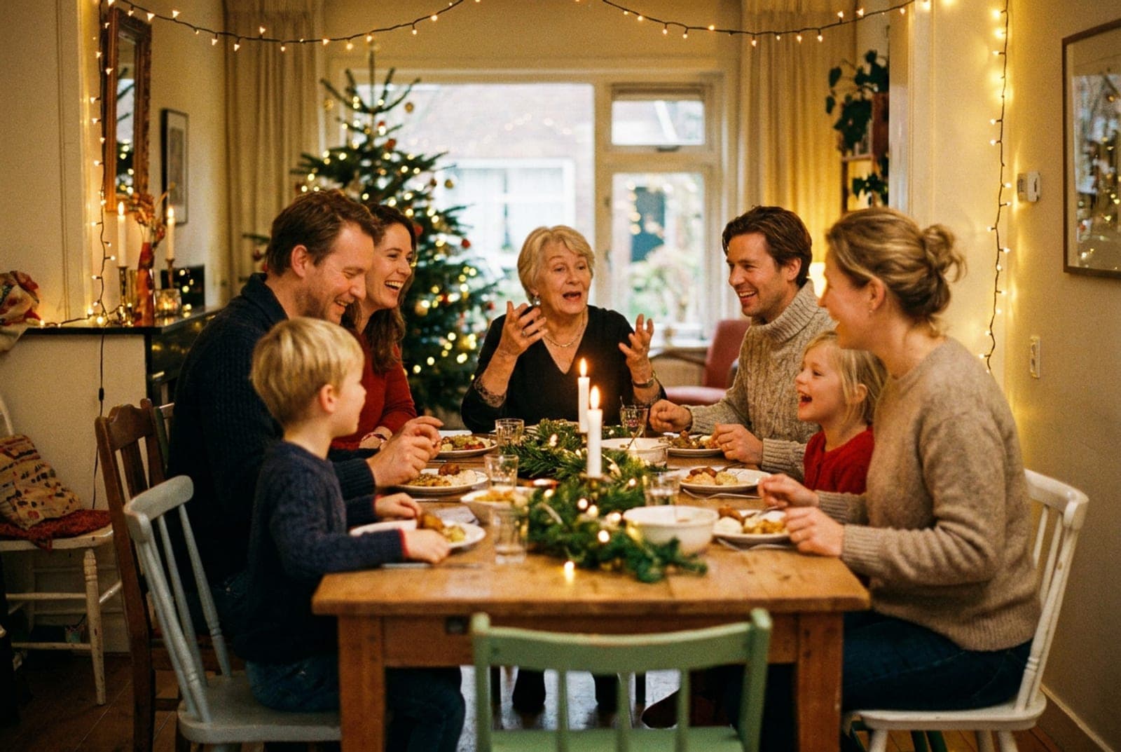 Een feestelijk gedekte tafel met familie in gesprek