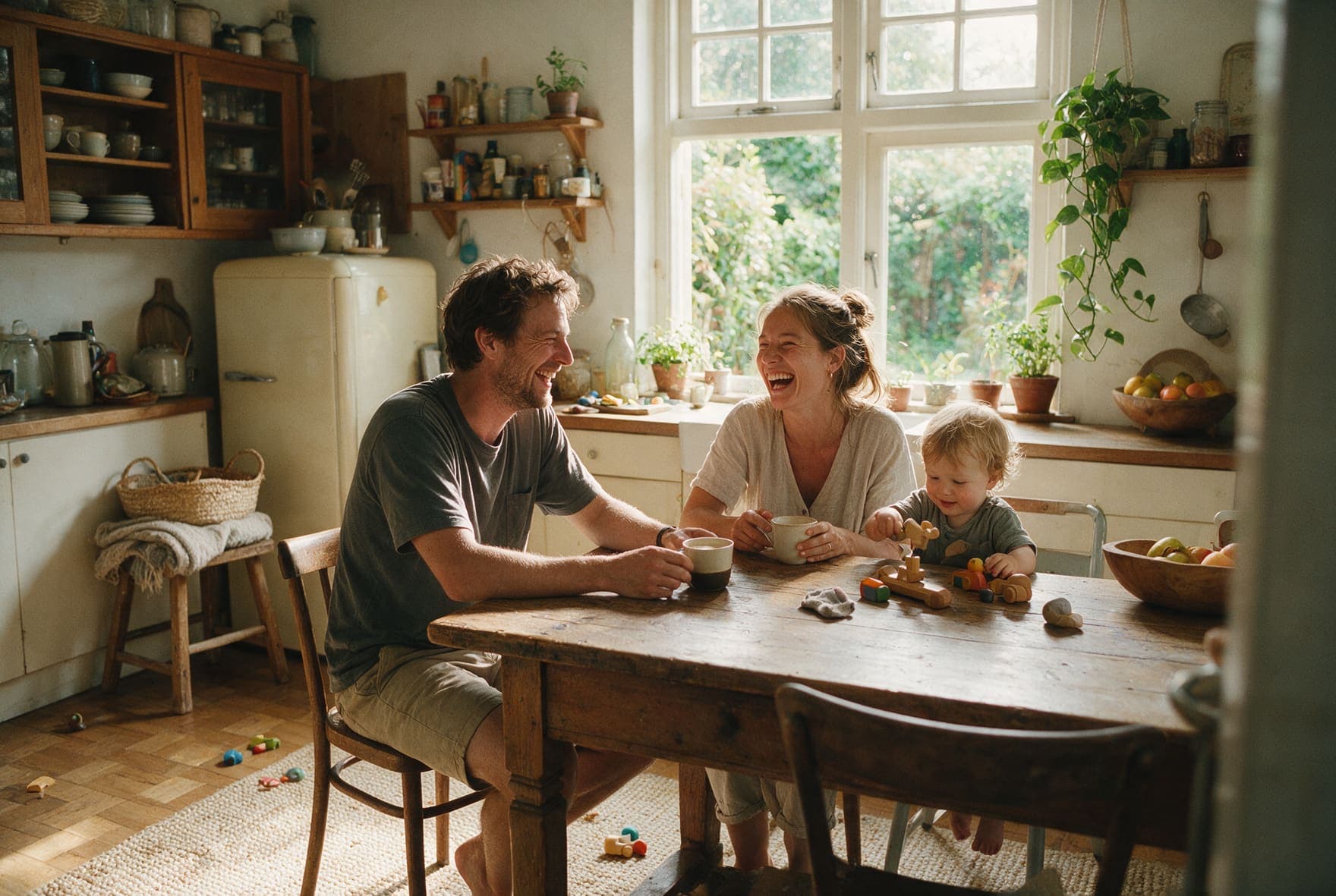 Jonge ouders lachen samen aan de keukentafel terwijl hun kindje tussen het speelgoed speelt