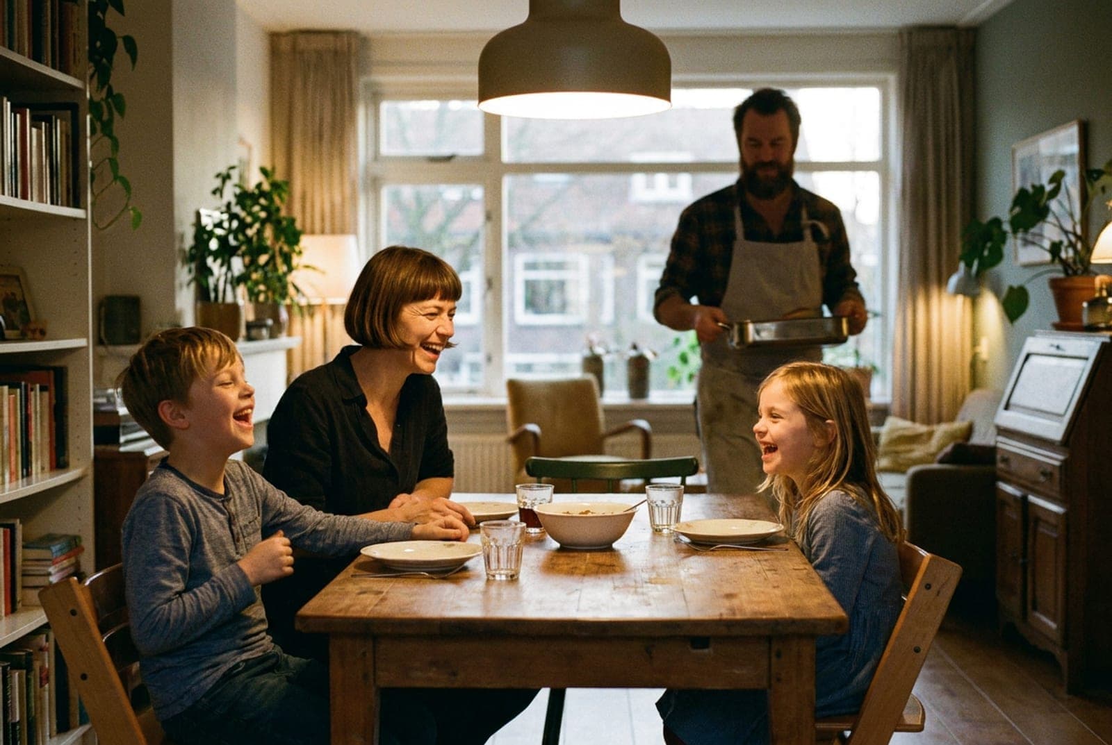 Een gezin lacht samen aan de eettafel