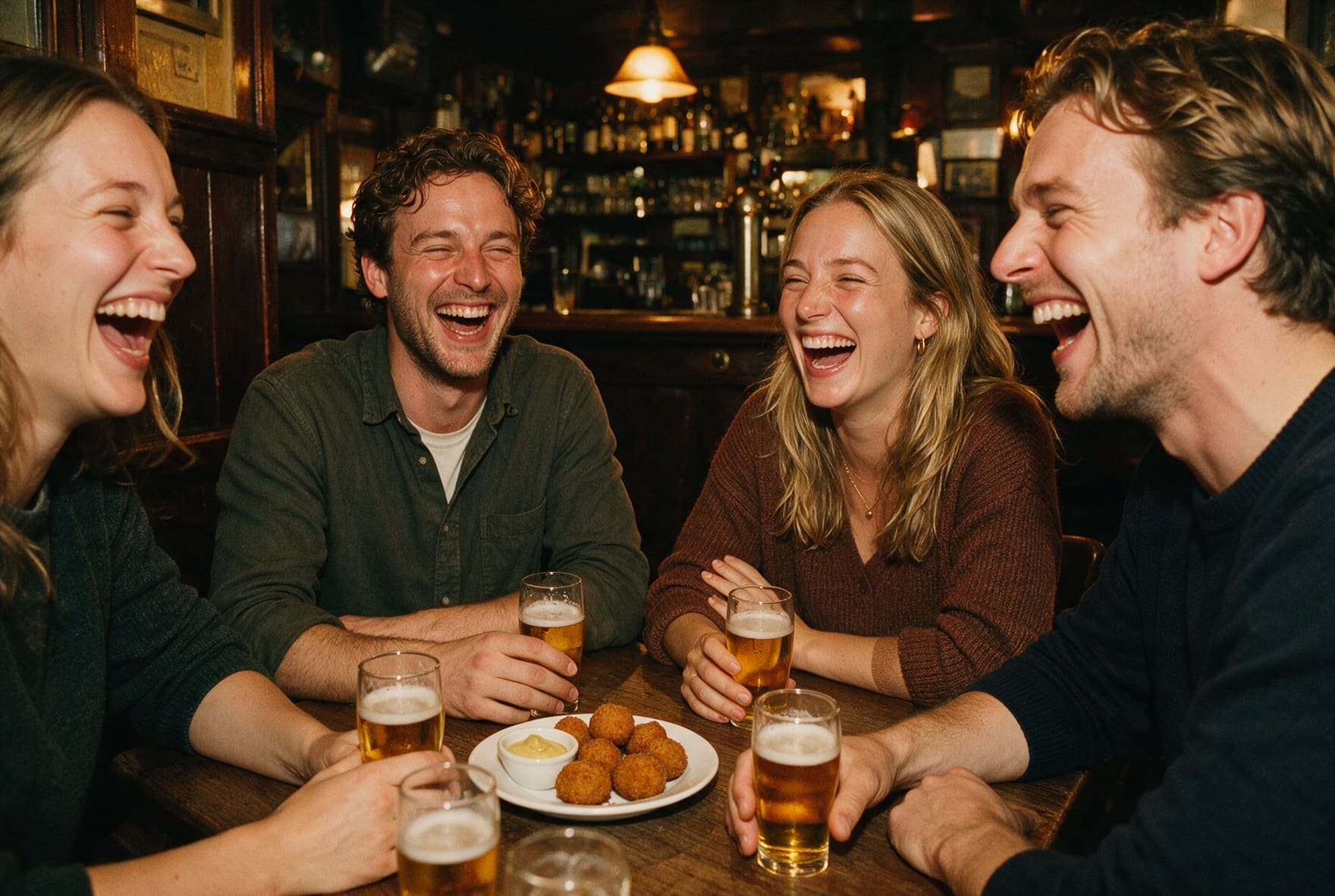 Vriendengroep lacht luid aan een houten tafel in een bruin cafe met vaasjes bier en bitterballen