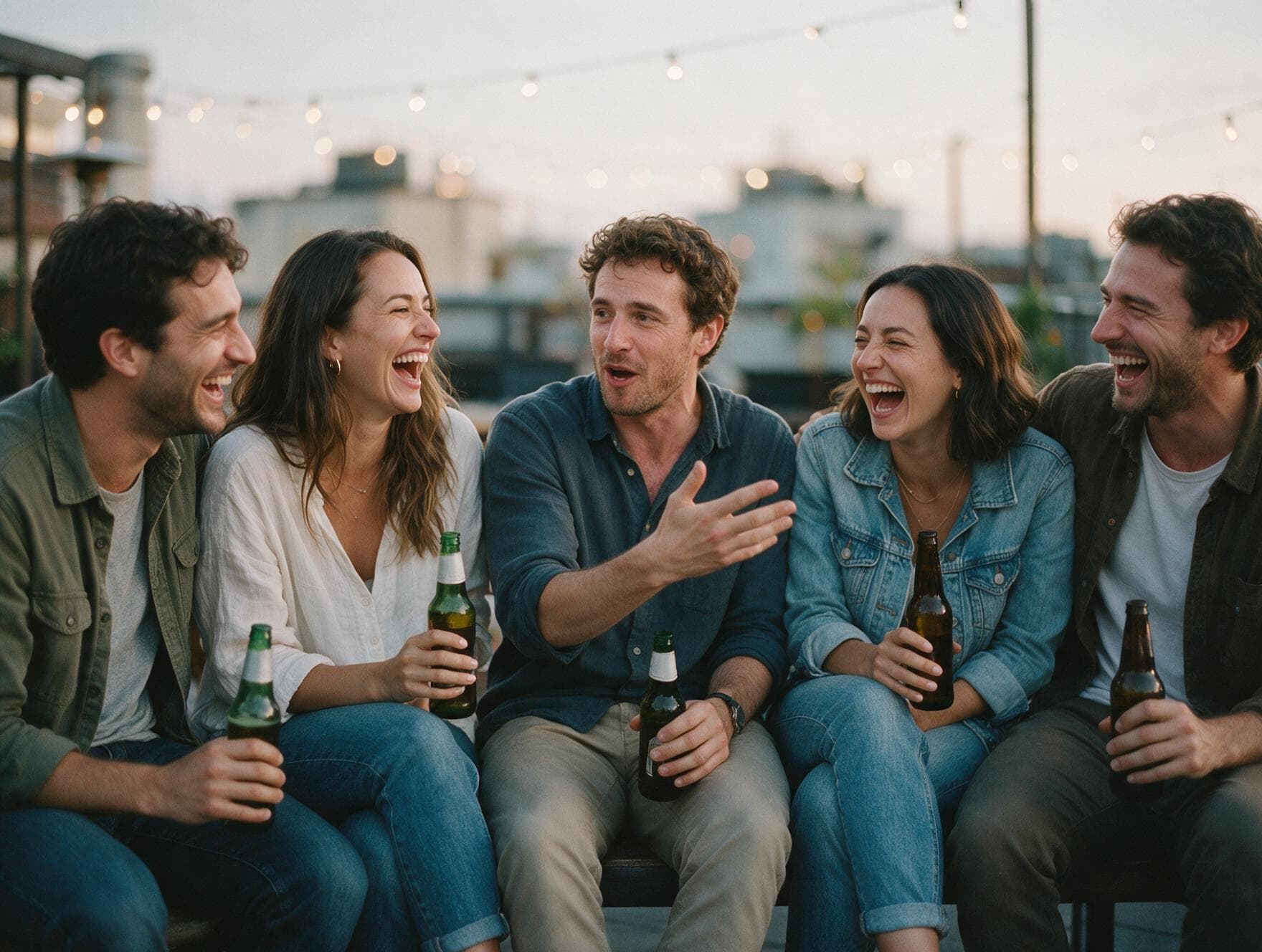Vrienden lachen samen op een dakterras in de avond