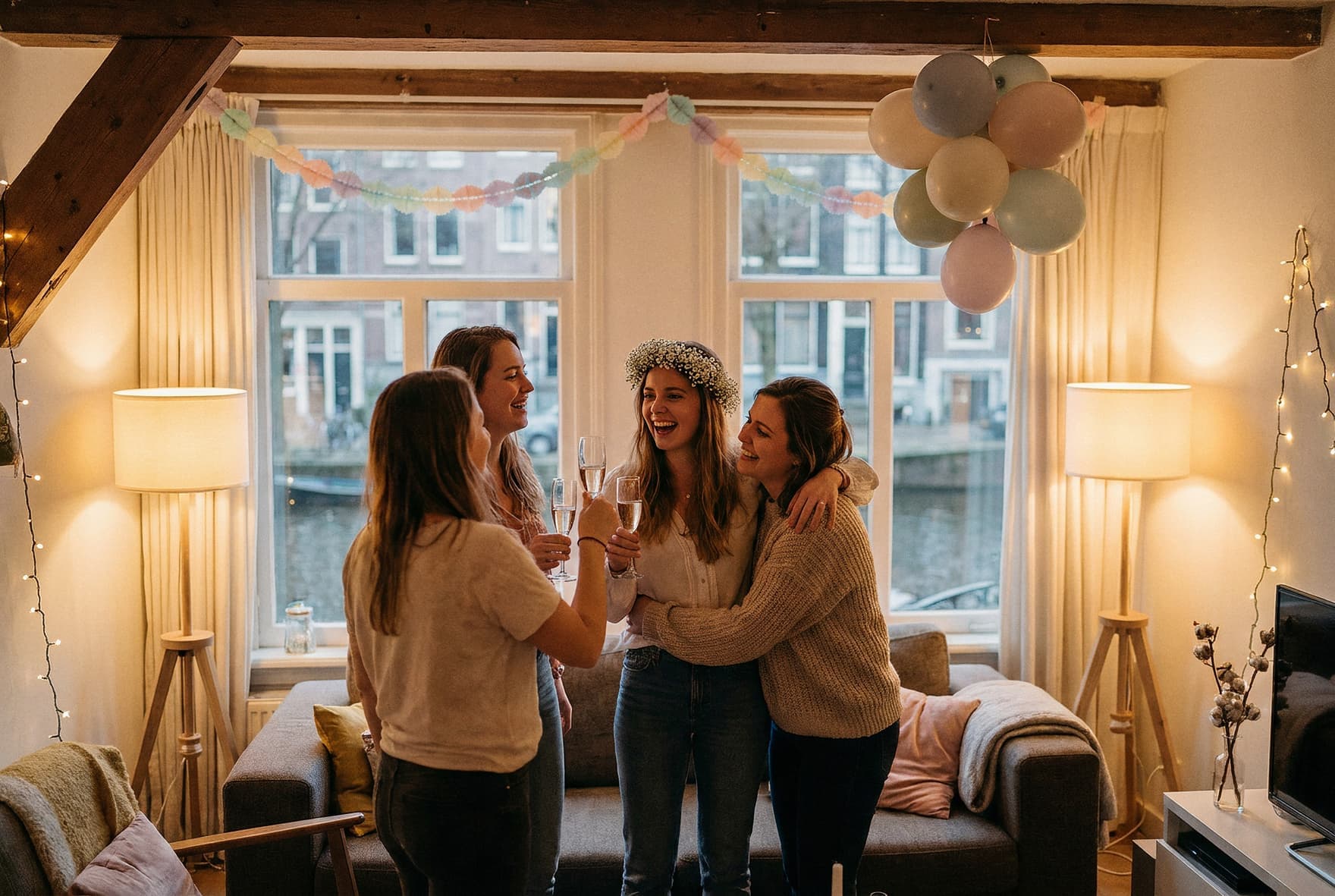 Een groep vriendinnen proost lachend tijdens een vrijgezellenfeest in de woonkamer